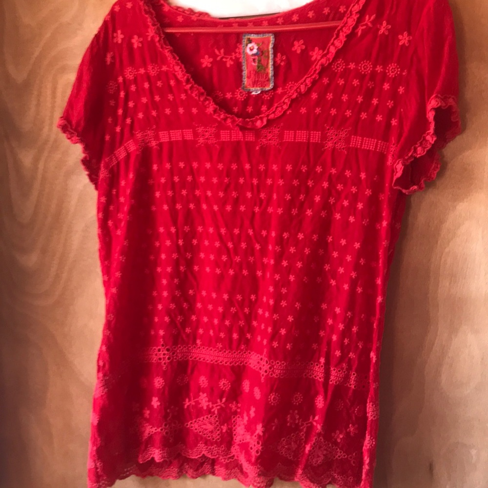 Johnny Was red rayon blouse with embroidery and eyelets, size med